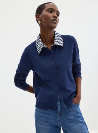 Contemporaine Womens Poplin shirt collar fine-knit cardigan