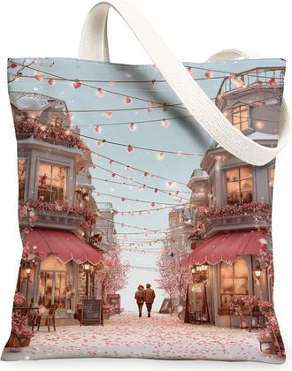 Generic Vintage Floral Canvas Tote Bag, Artistic Design Lightweight Washable Grocery Bags, Stylish Reusable Shoulder Strap Tote for, Peach, 13x15 Inch