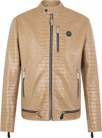 Philipp Plein Jassen, Heren, Beige, M, Leer, Leather Moto Jacket Cocco