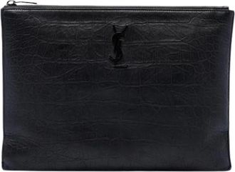 Saint Laurent Pre-owned Croc Embossed Clutch - Dames - Vintage Clutch - Zwart - ONE Size - Leer - Vintage