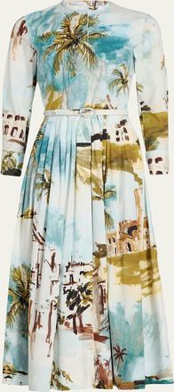 Oscar De La Renta Long-Sleeve Landscape-Print Cotton Poplin Midi Shirtdress With Belt