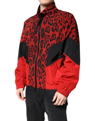 Dolce & Gabbana Mens Red Leopard Nylon Bomber Full Zip Jacket Clothing