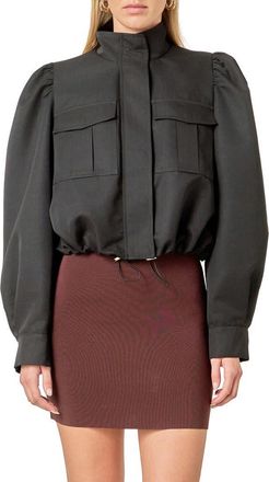 English Factory Drawstring Crop Bomber Jacket in Black at Nordstrom, Size Medium