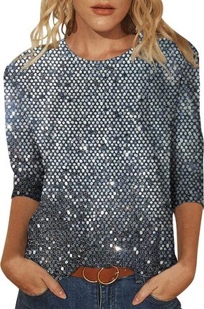 Generic Silver Sparkly Top, Sparkly Tops for Women Uk: Sequin Top Glittery Shirts Xmas T-Shirt Elegant Christmas Blouse 3/4 Sleeve Plus Size Blouses Shimmer T