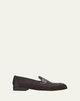 Brioni Mens Appia Woven Leather Penny Loafers