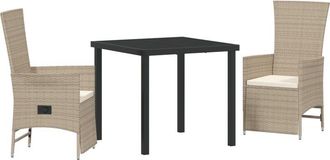 vidaXL Garden Dining Set with Cushion 3 pcs Beige Poly Rattan Vidaxl