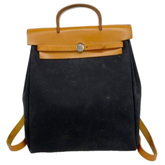 Herm&egrave;s Black Natural Toile Officier Backpack (Pre-Owned)