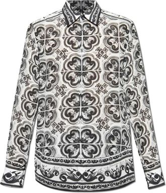 Dolce & Gabbana Zijden shirt met Majolica-print - Heren - Casual Overhemden - Wit - M - Leer - Overhemden