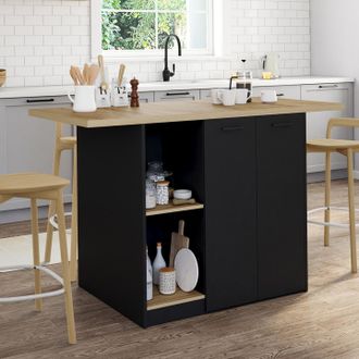 IDMarket Isla Central Bao 140 Cm Para 4 Personas En Madera Negra Con Encimera Efecto Haya