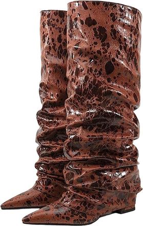 Generic Womens Pleated High Heel Boots - Pointed Toe Knee-Length Boots with Turned-Over Cuff Design