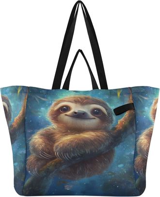 Generic Brown Sloth Branch pattern Reusable Canvas Tote Bag, Heavy Duty Grocery Shopping Bag with Hard Bottom Large Capacity Double Handles Work Groceries Tra