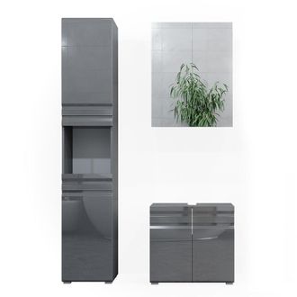 Vicco Conjunto De Muebles De Ba&ntilde;o Freddy, Antracita Alto Brillo, 3 Partes, Con Mueble Alto