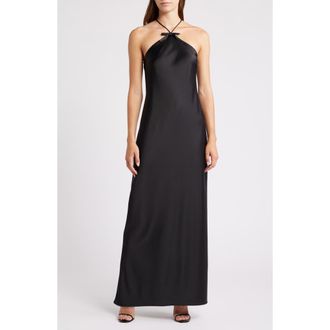 Wayf Araceli Halter Strap Satin Slipdress in Black at Nordstrom, Size Xx-Large
