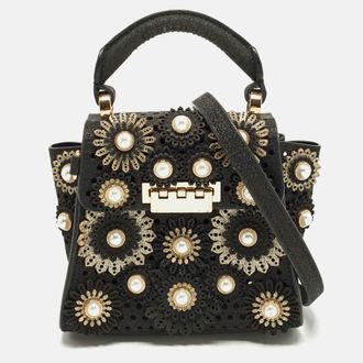 Zac Posen Eartha Iconic Mini Black Faux Pearl Glittery Leather Top Handle Bag
