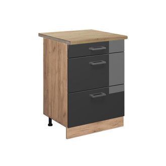 Vicco Mueble Bajo De Cocina R-line, Antracita Alto Brillo, 60 Cm Con Cajones, Et Roble, Vicco