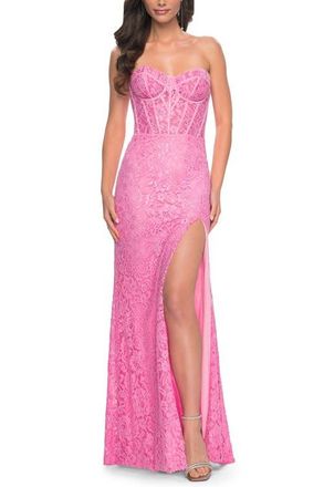 La Femme Stretch Lace Dress with Bustier Bodice and Illusion Back in Pink at Nordstrom, Size 00