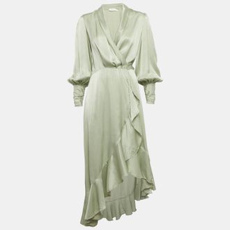 Zimmermann Sage Green Satin Asymmetric Ruffled Wrap Dress