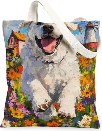 Generic Spring Great Pyrenees Dog Canvas Tote Bag for Shopping 13x15, Country Garden Puppy Reusable Grocery Print Pattern Bag for Women, Fun Flower Pet Beach 