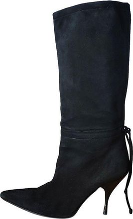 Miu Miu Black Suede Ankle Tie Tall Boots Size 37.5