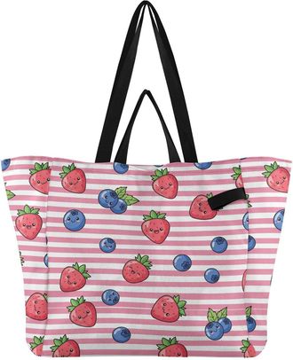 Generic Kawaii Fruit Strawberries Pink print Reusable Canvas Tote Bag, Heavy Duty Grocery Shopping Bag with Double Handles Hard Bottom Large Capacity Work Gro