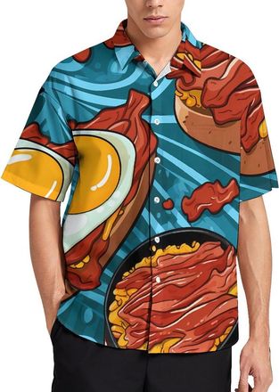 Generic Bacon Eggs Mens Shirt Casual Button Down Shirts Summer Lapel Short Sleeve Shirts for Beach Office M