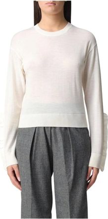 Pinko Round-neck Knitwear, female, White, XS, Ruffled Cuffs Merino Wool Jumper