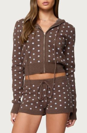 Edikted Kenny Polka Dot Knit Hooded Jacket in Brown at Nordstrom, Size X-Small