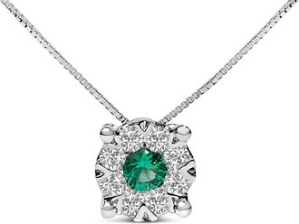 House of Brilliance 14K White Gold 3.8 MM Green Emerald and 1/3 Cttw Diamond Composite Halo 18 Pendant Necklace