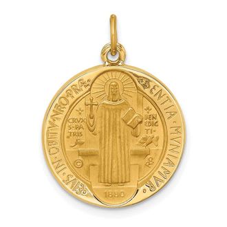 Diamond2Deal 14k Yellow Gold and Satin Solid Round Reversible St. Benedict Medal Pendant