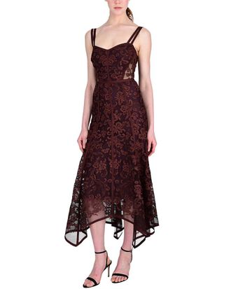Marchesa Ribbon Strap Corded Lace Handkerchief Hem Midi Dress