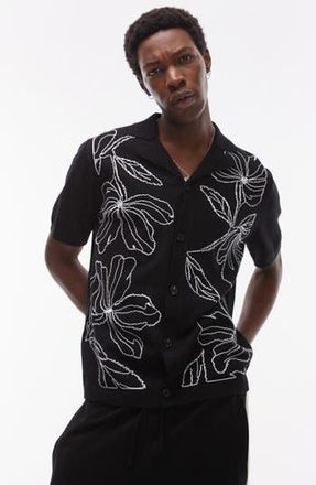 Topman Floral Embroidered Knit Camp Shirt in Black at Nordstrom Rack, Size Small