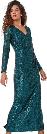 Roman Womens Sequin Wrap Stretch Maxi Dress - Emerald - Size 20 UK