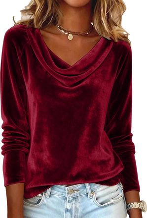 Generic Velvet Tops for Women UK Cowl Neck Pleated Long Sleeve Elegant Blouses Ladies Casual Dressy Shirts Fall Winter Solid Color Tunic Top Work Office Going