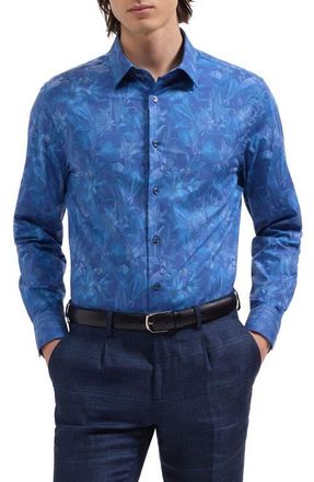 Bugatchi Julian Shaped Fit Floral Stretch Cotton Button-Up Shirt in Classic Blue at Nordstrom, Size Xxx-Large