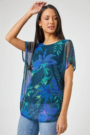 Roman Tropical Print Mesh Overlay Tunic Top