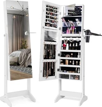 Costway Costway - Armadio Portagioie con Specchio Figura Intera, Specchio Portagioie da Terra, con Luci led a 3 Colori, Serratura, Specchietto Interno