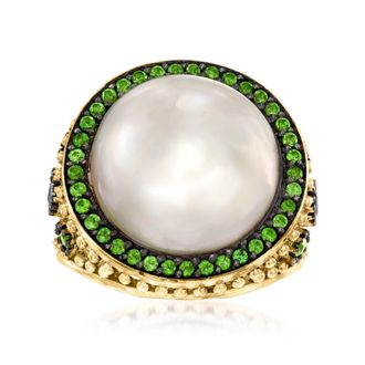 Ross-Simons 15mm Cultured Mabe Pearl and. Chrome Diopside Ring With. Sapphires in 18kt Yellow Gold Over Sterling