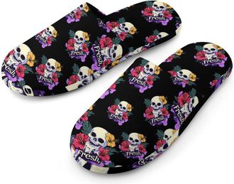 Generic Fresh Graffiti Skull Flower Mens Cotton Slippers Memory Foam Comfort House Shoes Winter Indoor Slipper for Hotel Casa Spa