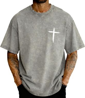 Generic Mens Christian Shirt Christian Jesus Cross T-Shirt Unisex Casual Acid Wash Crew Neck Short Sleeve Oversized Tee Tops for Men Gray