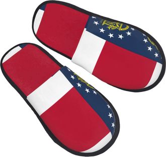 Generic Fluffy Cotton Slipper Georgia State Flag print House Shoes Portable Ladies Slippers for Hotels Bedroom Ladies L