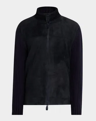 Emporio Armani Men & apos;s Suede and Wool-Knit Full-Zip Jacket