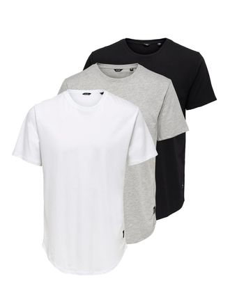 Only & Sons Rundhalsshirt ONLY & SONS ONSMATT LONGY SS TEE 3-PACK, Herren, Gr. XXL, hellwei&szlig; pack:1hellwei&szlig; 1schwarz 1lgm, Single Jersey, Obermaterial: 100% Baumw