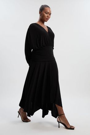 Karen Millen Womens Plus Size Stretch Drapey Crepe Ruched Plunge Neck Batwing Sleeve Maxi Dress - Black - Size 3XL