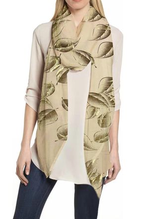 Lina & Lily Leaf Metallic Foil Womens Scarf Shawl Lightweight (Beige-Gold)