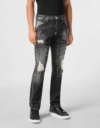 Philipp Plein Denim Super Straight Cut Trousers Studs Men in Foggrey at Nordstrom, Size 32