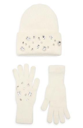 La Fiorentina Rhinestone Beanie & Gloves Set in Ivory at Nordstrom Rack