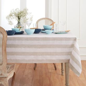 Solino Home Linen Tablecloth for Dining Table, Holiday and Everyday Dining Table Decor - Cabana Stripe in Natural And White at Nordstrom, Size Medium