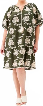 Karen Kane Puff Sleeve Tassel Dress - Plus Size In Olive And Natural