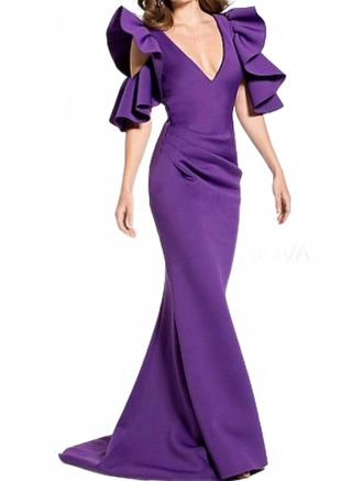 Jovani Long Fit And Flare Scuba Cold Shoulder Dress In Purple