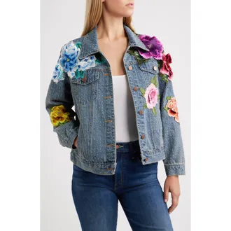 Nikki Lund Blossom Embroidered Floral Appliqu&eacute; Denim Trucker Jacket in Dark Blue at Nordstrom, Size Xx-Large